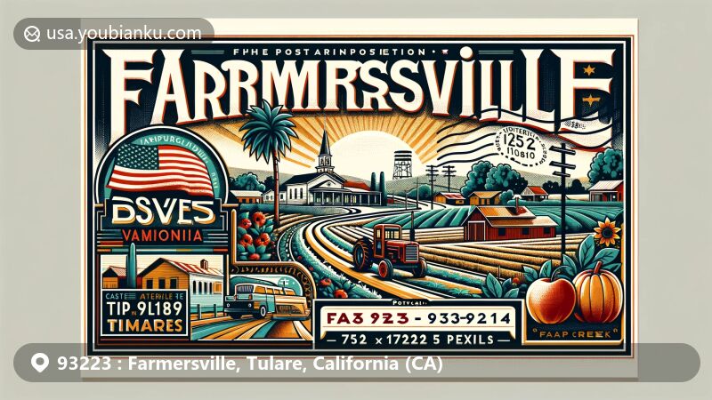 Modern illustration of Farmersville, California, celebrating ZIP code 93223 and its rich history and agricultural heritage in Tulare County. Features Veterans Memorial Park and postal elements like California state flag stamp and postmark with incorporation date.