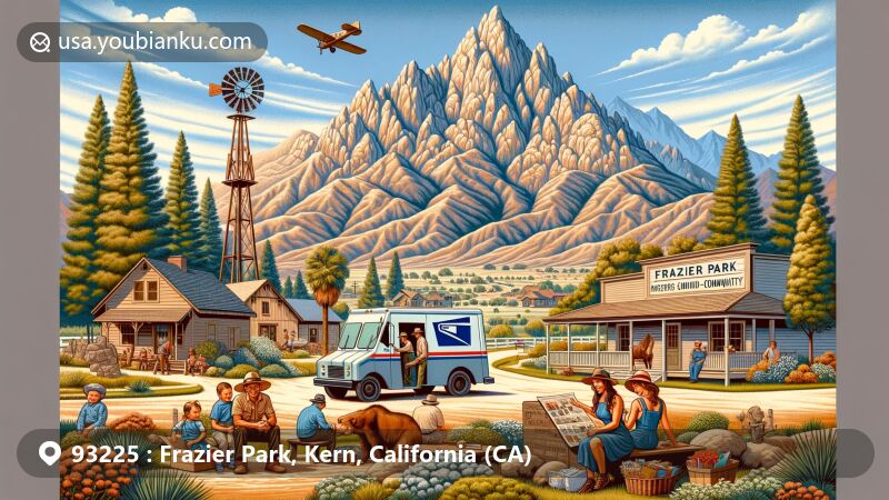 Modern illustration of Frazier Park, Kern County, California, capturing the essence of community life and natural beauty, featuring Frazier Mountain as a majestic backdrop and historical elements like a Chumash Indian village and a gold mine.