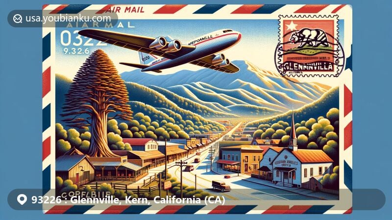 Modern illustration representing ZIP code 93226 for Glennville, Kern County, California, featuring air mail envelope, Greenhorn Mountains, Giant Sequoia trees, historical adobe, oldest church, and postal elements.