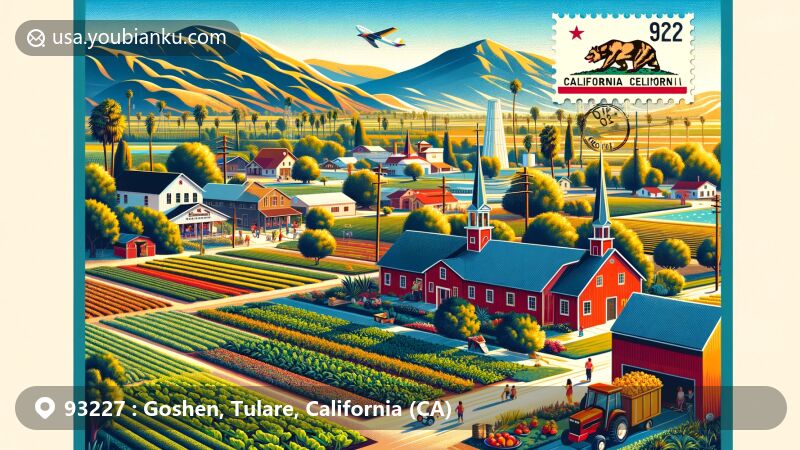 Modern illustration of Goshen, California, highlighting ZIP code 93227, featuring agricultural fields, California state symbols, and local community spirit.