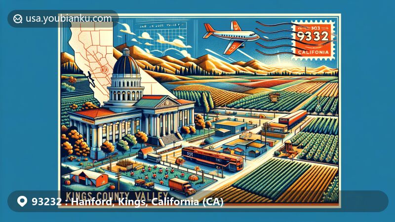 Modern illustration of Hanford, Kings County, California, featuring iconic landmarks and elements of the area, with a postal theme highlighting ZIP code 93232 and a vintage post stamp.
