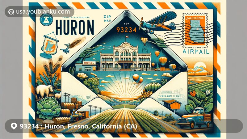 Modern illustration of Huron, Fresno County, California, showcasing postal theme with ZIP code 93234, featuring map outline, symbols of wool and vegetables representing agricultural heritage, and vintage-style Huron Central Hotel.