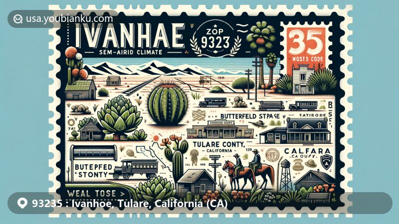 Modern illustration of Ivanhoe, Tulare County, California, showcasing postal theme with ZIP code 93235, featuring local flora, geography, and historical landmarks like Kaweah Colony, Butterfield Stage Station, and Lone Oak Cemetery.