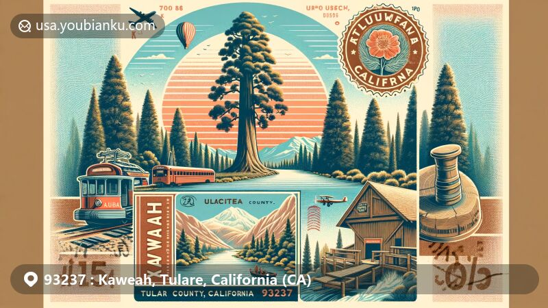 Modern illustration of Kaweah, Tulare County, California, combining geographical features and postal elements, showcasing Kaweah River, giant sequoias, Mount Kaweah, historical landmarks, vintage airmail envelope, and stamps.