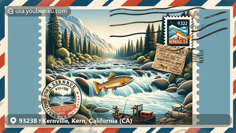 Modern illustration of Kernville, California, showcasing postal theme with ZIP code 93238, featuring Kern River's rapids, Sequoia National Forest, and Great Kern River Cleanup event.