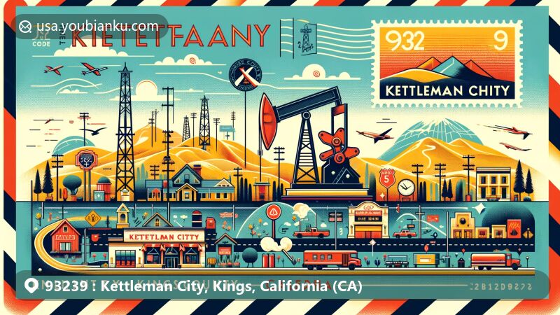 Modern illustration of Kettleman City, Kings County, California, featuring iconic elements like the Kettleman Hills and the intersection of Interstate 5 and State Route 41, creatively integrating postal themes with vintage postage stamp design and California state flag.