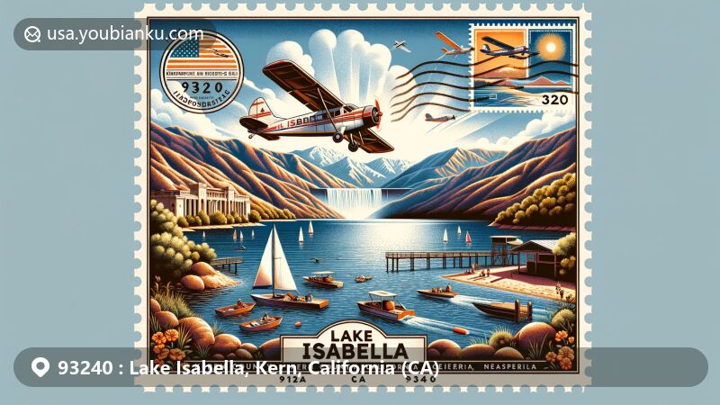 Modern illustration of Lake Isabella, Kern County, California, with zip code 93240 and postal elements in an aviation-themed envelope frame, showcasing outdoor activities like boating and fishing against Sierra Nevada mountains backdrop.