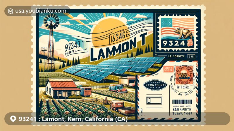Modern illustration of Lamont, California, showcasing agricultural roots and solar development, with fields of crops, solar panels, and community spirit, incorporating postal elements like vintage postcard layout, Kern County flag stamp, and postal code 93241.
