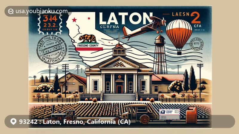 Modern illustration of Laton, Fresno County, California, representing ZIP Code 93242 with California state flag, Fresno County outline, and Laton Branch Library, showcasing local heritage and agricultural roots.