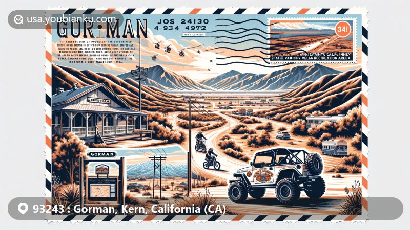 Modern illustration of Gorman, Kern County, California, corresponding to ZIP code 93243, showcasing diverse landscapes including historical travel stop role and scenic roads in Hungry Valley State Vehicular Recreation Area, popular for outdoor activities especially off-roading scenes. Featuring historical elements of Gorman's Station reflecting its past significance as a postal station and mention of being part of Rancho Los Alamos y Agua Caliente. Also highlighting modern leisure features of Onyx Ranch SVRA, attracting ATV, motorcycle, and off-road enthusiasts. Incorporating postal elements like postcard layout, 'Greetings from Gorman, CA 93243', vintage stamps, and postmarks showcasing Gorman landscapes. Presenting in a modern illustration style with bright colors and creative layout inviting viewers to explore Gorman's rich history and recreational opportunities.