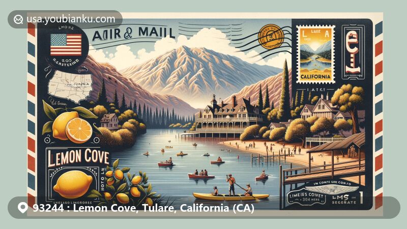 Modern illustration of Lemon Cove, Tulare, California (CA), capturing the essence of the area with Lake Kaweah, Pogue Hotel, citrus groves, and Sierra Nevada mountains.