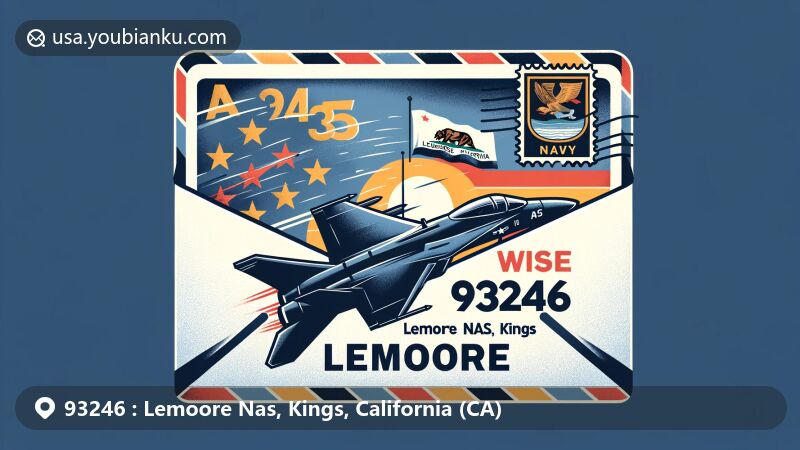 Modern illustration of Lemoore Nas, Kings, California, showcasing air mail envelope with fighter jet silhouette representing the Lemoore Naval Air Station and California state flag in the background.