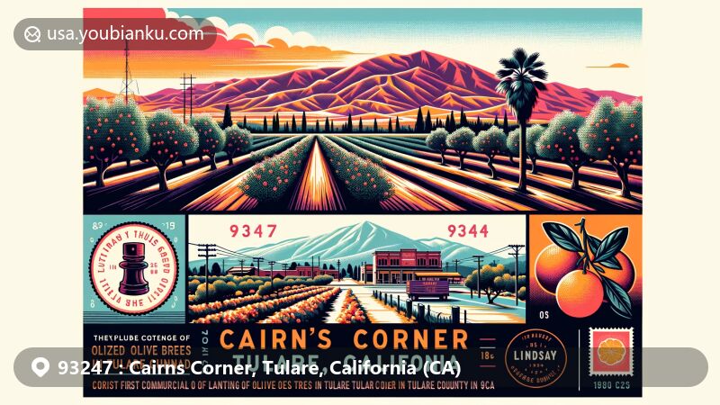 Modern illustration of Cairns Corner, Tulare County, California, with ZIP code 93247, inspired by a postcard style. Depicts vibrant olive trees and orange orchards symbolizing the area's agricultural history and natural beauty, showcasing Lindsay's iconic features and Sierra Nevada mountains silhouette.