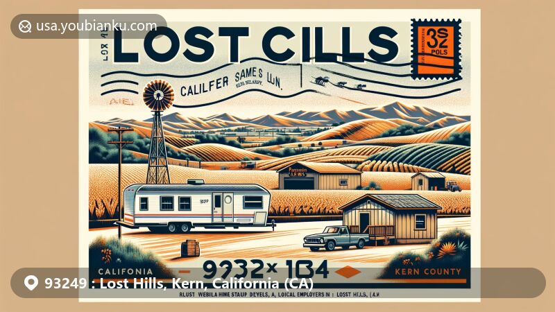 Modern illustration of Lost Hills, Kern County, California, portraying semi-arid climate and local culture with imagery of agricultural fields, Paramount Farms, airmail envelope design, historic post office homage, California state flag, and Kern County outline.