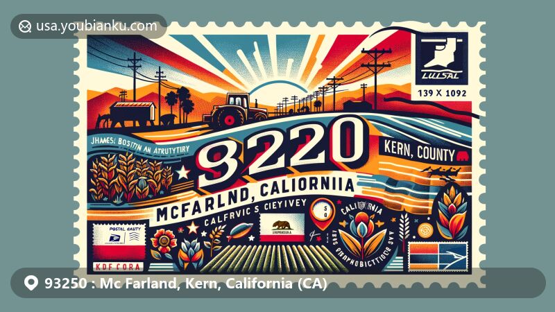 Modern illustration of McFarland, California ZIP code 93250, highlighting its agricultural roots, Kern County location, Hispanic culture, and tribute to James Boyd McFarland.