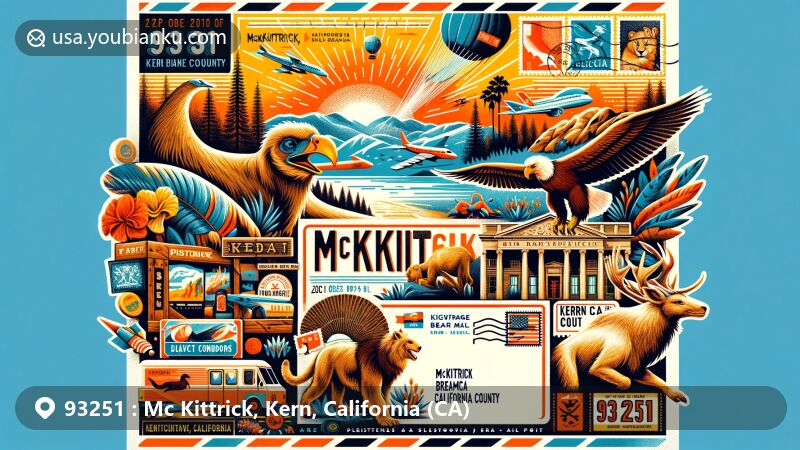 Creative depiction of McKittrick, California, featuring Pleistocene-era animals and the McKittrick Brea Pit, with a postal theme and California state symbols.