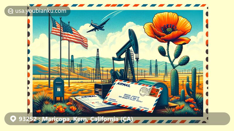 Modern illustration of Maricopa, Kern County, California, highlighting Midway-Sunset Oil Field and San Joaquin Valley scenery, featuring postal elements with ZIP code 93252 and California poppy postage stamp.