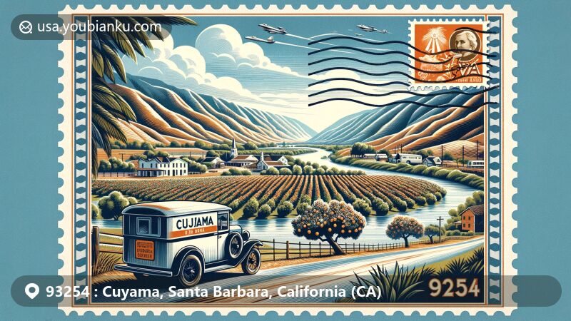 Wide-format illustration of Cuyama Valley, Santa Barbara County, California, showcasing apricot, peach, and plum orchards under clear blue sky by Cuyama River, with vintage postal elements and ZIP code 93254.