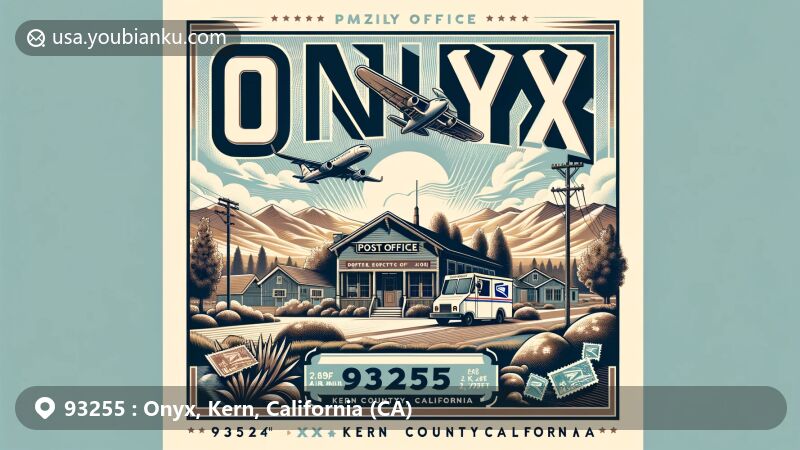 Modern illustration of Onyx, Kern County, California, showcasing postal theme with ZIP code 93255, featuring the Onyx post office, mountains, valleys, and postal elements like stamps and a postal truck.