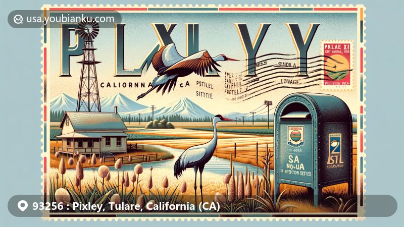 Modern illustration of Pixley, California, showcasing Pixley Park, Pixley National Wildlife Refuge, sandhill cranes, grasslands, and historical significance in the San Joaquin cotton strike. Framed in a vintage airmail envelope with 'Pixley, CA 93256' and antique mailbox, set against Central Valley landscape.