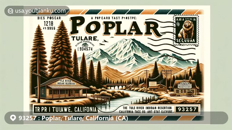 Modern illustration of Poplar, Tulare, CA 93257 in Tulare County, California, featuring Sierra Nevada mountains, Tule River Indian Reservation silhouette, and Sequoia National Park elements in a creative and visually captivating vintage airmail-themed design.