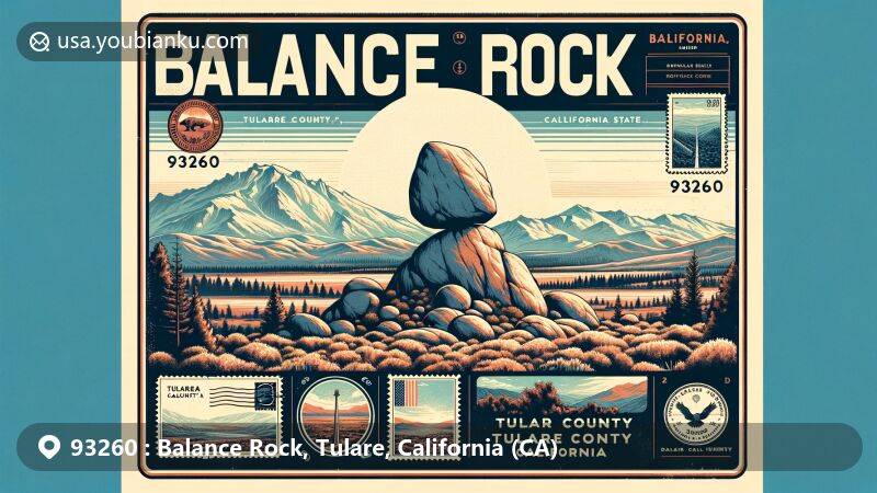Modern illustration of Balance Rock, Tulare County, California, highlighting the unique geological formation against the Sierra Nevada mountains, with vintage postcard layout and postal theme. ZIP code 93260 and California state symbols included.
