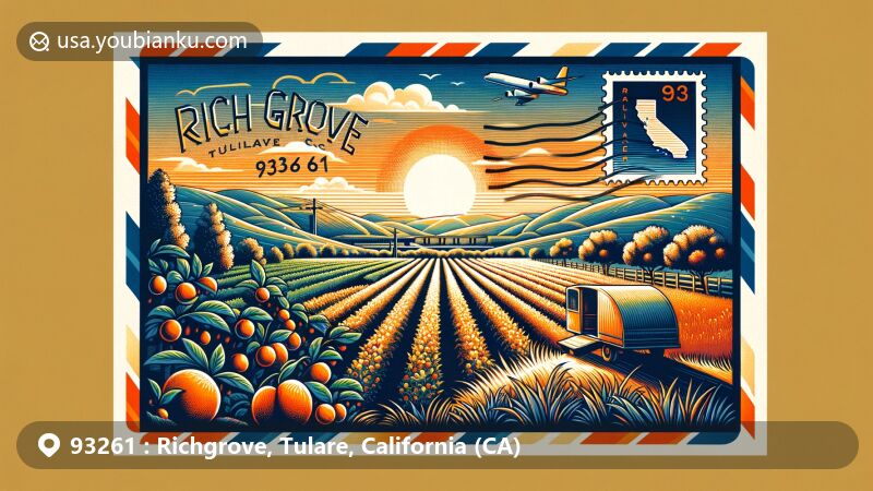 Modern illustration of the Richgrove area, Tulare County, California, depicting its agricultural community with fields and orchards, set against a vibrant sunset symbolizing the fertile environment. Showcasing a creative blend of airmail envelope and ZIP code 93261, incorporating a map of Tulare County, postal symbols, and 'Richgrove, CA' postmark.