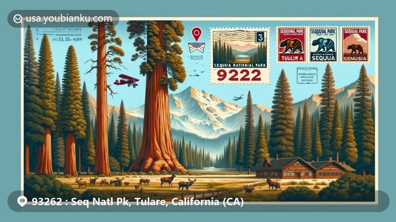 Modern illustration of Sequoia National Park, Tulare, California, featuring ZIP code 93262, iconic Giant Sequoias, Sierra Nevada mountains, vintage postcard layout, airmail envelope border, General Sherman Tree, Wuksachi Lodge, diverse ecosystems, montane forest, meadows, High Sierra Trail, mule deer, and American black bears.