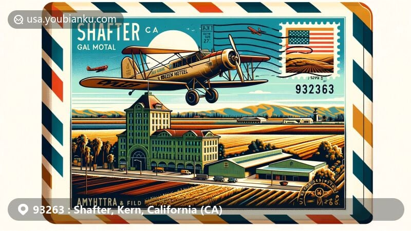 Modern illustration of Shafter, Kern County, California, highlighting postal theme with ZIP code 93263, featuring Green Hotel, Santa Fe Passenger and Freight Depot, California state flag, and Minter Field airplane symbol.