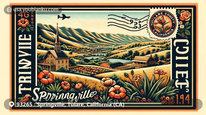 Modern illustration of Springville, Tulare County, California, capturing warm-summer Mediterranean climate and local geography, including rolling hills, lush landscapes, and iconic symbols like Clarkia springvillensis and the Murphy House.
