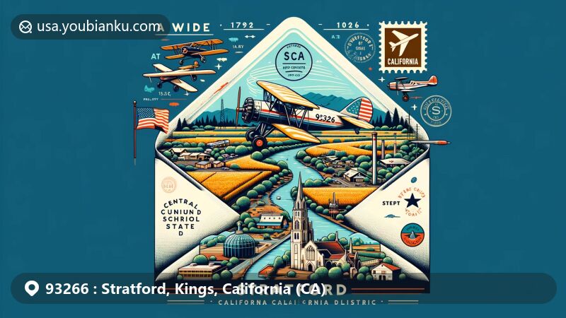 Modern illustration of Stratford, Kings County, California, featuring aviation-themed envelope with ZIP code 93266, postmark, stamps, agricultural landscape, Kings River, Tulare Lake, California state flag, and Central Union School District symbols.