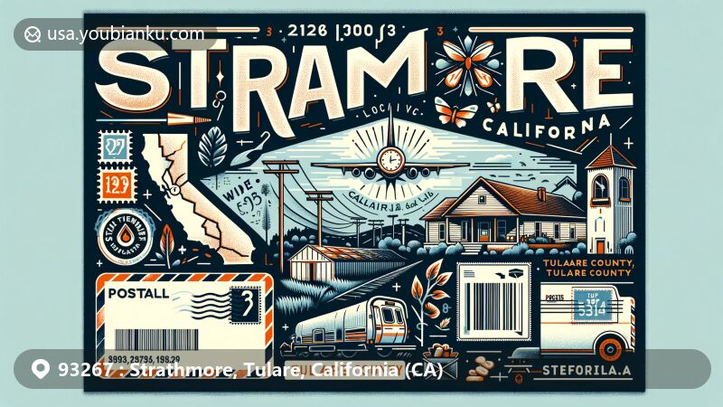 Modern illustration of Strathmore, Tulare County, California, highlighting postal theme with ZIP code 93267, featuring California and Tulare County elements.