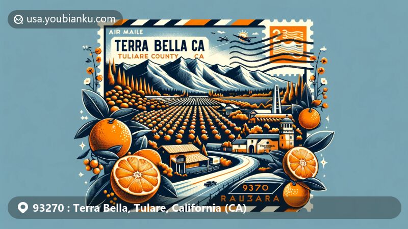 Modern illustration of Terra Bella, Tulare County, California, depicting ZIP code 93270, featuring citrus fruit cultivation, Sierra Nevada Mountains, air mail envelope-style frame, orange stamp, and Terra Bella postmark.