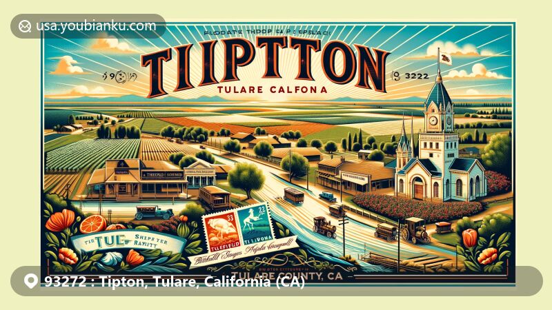 Modern illustration of Tipton, Tulare County, California, blending rural charm with agricultural richness under sunny skies. Includes Butterfield Stage Station and Tule River Indian Reservation.
