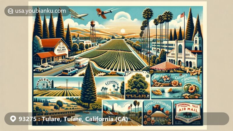 Vintage-style illustration of Tulare, California, highlighting agricultural heritage and iconic landmarks.