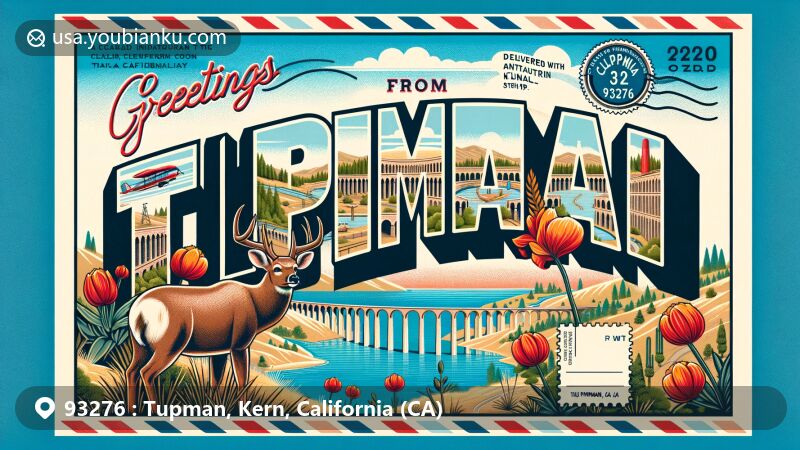 Modern illustration of Tupman, California, ZIP code 93276, featuring California Aqueduct and Tule Elk, symbols of local nature, styled as a vintage air mail postcard with decorative stripes.