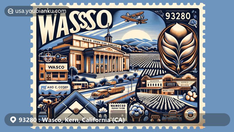 Modern illustration of Wasco, California, featuring a creatively styled airmail envelope highlighting the city's unique history, culture, and agricultural roots, with emphasis on the Wasco Union High School Auditorium, ZIP code 93280, and Tejon Indian Tribe stamp.