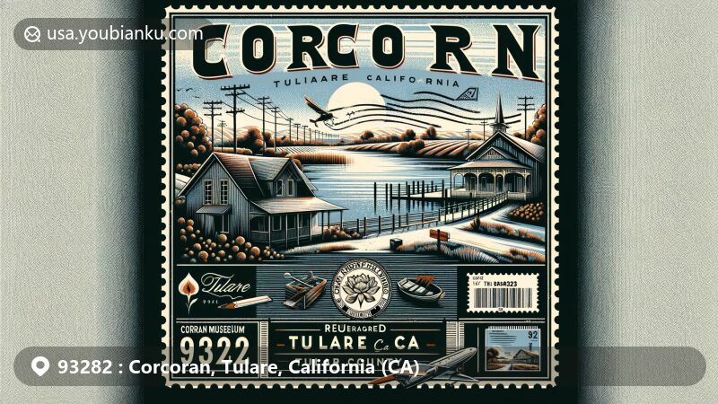 Modern wide-format illustration of Corcoran, Tulare County, California, with elements like Tulare Historical Museum and re-emerged Tulare Lake, embracing agricultural and pioneer heritage, along with vintage postal design featuring a postage stamp with Tulare Lake, a postal mark saying “Corcoran, CA 93282”, and stylized ZIP code.