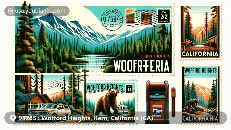 现代插图，描绘了加利福尼亚州 Kern 县 Wofford Heights 地区，邮政编码 93285，呈现出当地的自然风光和活动，突出了该地区的山脉和湖泊景观。