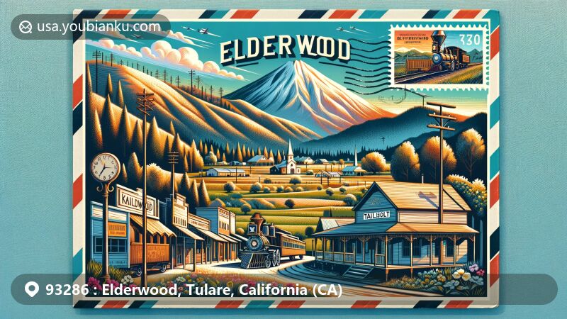 Modern illustration of Elderwood, Tulare County, California, featuring Kaweah Colony, Tailholt, and Butterfield Stage Station against the backdrop of Colvin Mountain.