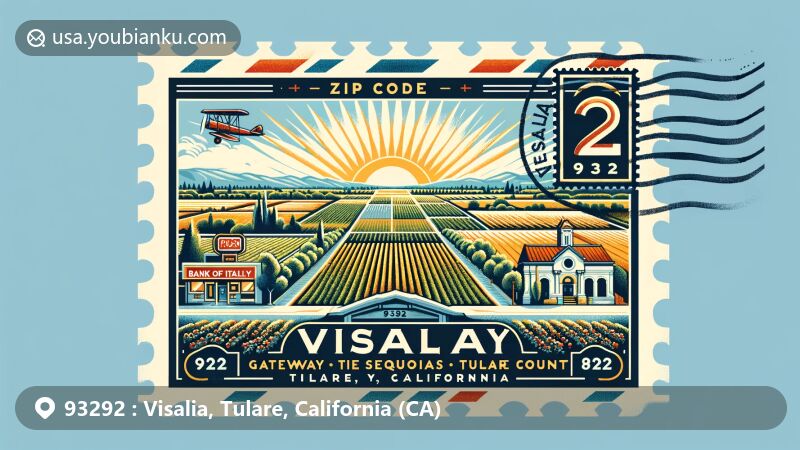 Modern illustration of Visalia, Tulare County, California, showcasing agricultural landscape of San Joaquin Valley, featuring Fox Theatre and former Bank of Italy (now Bank of America), incorporating elements symbolizing 'Gateway to Sequoias,' including ZIP code 93292 stamp design and airmail envelope border with 'Visalia, CA' and 'Tulare County' postmarks, highlighting city's founding date, February 27, 1874, in vibrant colors reflecting lively community atmosphere and rich agricultural heritage.
