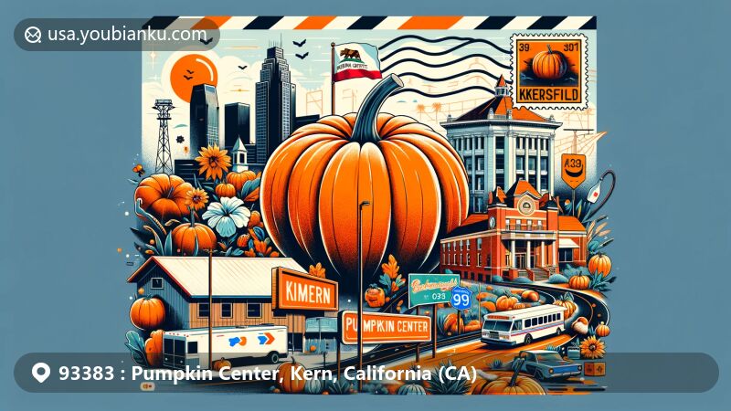 Modern illustration of Pumpkin Center, Kern County, California, highlighting postal theme with ZIP code 93383, featuring a stylized map, landmarks like Jastro Building and Beale Memorial Library, Ridge Route, vintage air mail envelope, postal stamp, postmark, and California state flag.