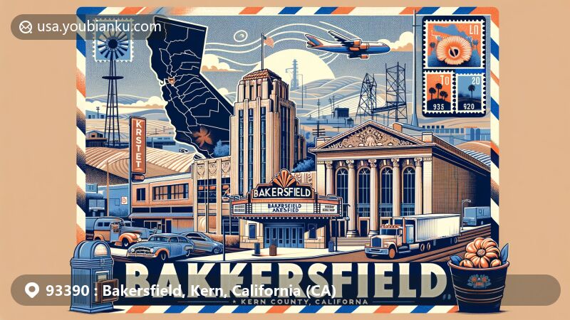 Modern illustration of Bakersfield, Kern County, California, showcasing postal theme with ZIP code 93390, featuring Kern County Museum, Fox Theatre, agriculture, energy production, country music guitar, California flag, and Kern County map.