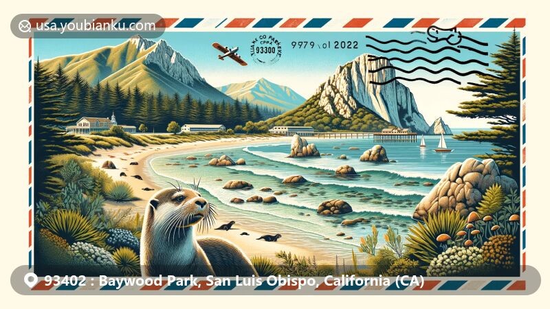 Creative postcard illustration for ZIP code 93402, Baywood Park, San Luis Obispo County, California, featuring Montaña de Oro State Park, Morro Rock, and sea otters.