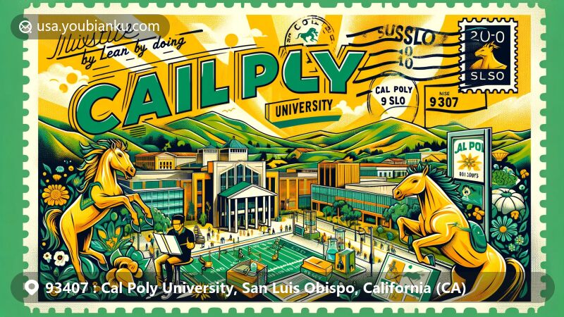 Modern illustration of Cal Poly University in San Luis Obispo, California, showcasing ZIP code 93407, featuring university's green and gold colors, mascots Chase and Musty the Mustang, and 'Learn by Doing' philosophy with hands-on student activities.