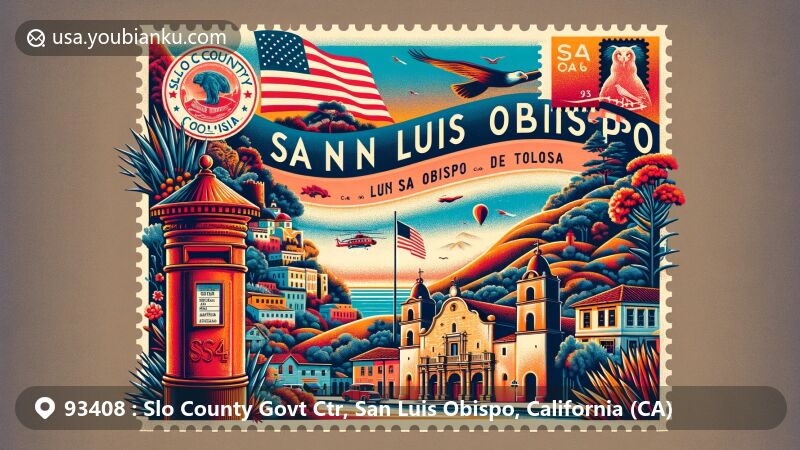 Modern illustration of San Luis Obispo, California, featuring ZIP code 93408, showcasing iconic landmarks like Fremont Theatre, Hearst Castle, and Mission San Luis Obispo de Tolosa amidst rolling hills and coastal environment, with vintage postal elements.