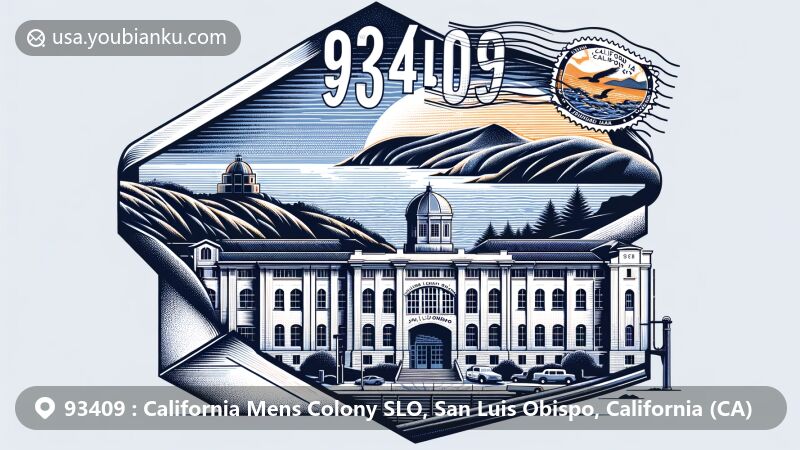 Modern illustration of the California Men's Colony, ZIP code 93409, San Luis Obispo, California, featuring prison facade, postal elements, Morro Rock stamp, and contemporary design.