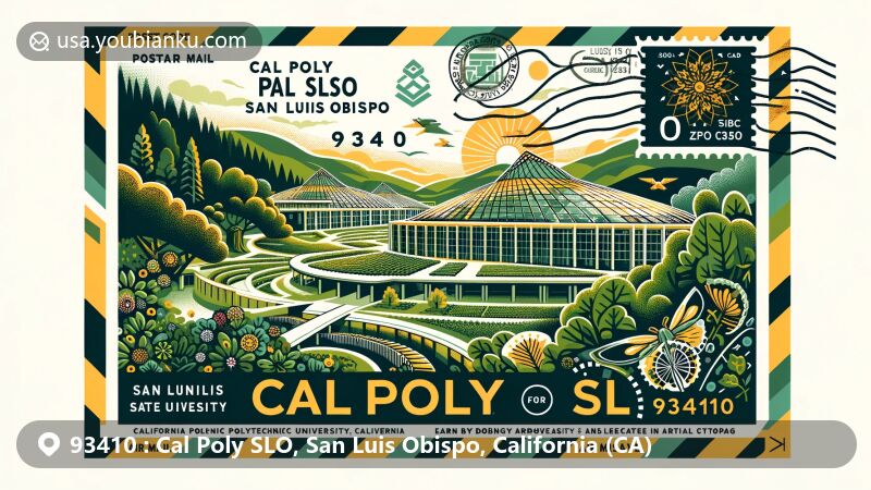 Modern illustration of California Polytechnic State University (Cal Poly) in San Luis Obispo, California, showcasing postal theme with ZIP code 93410, featuring Leaning Pine Arboretum and Design Village elements.