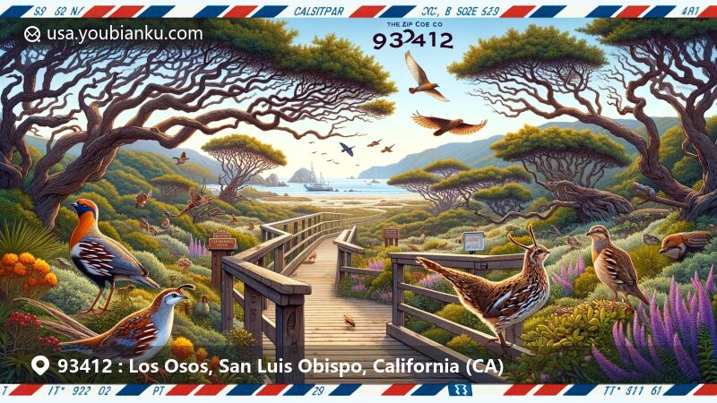 Modern illustration of Elfin Forest in Los Osos, San Luis Obispo County, California, depicting twisted oak trees and wildlife like California quails, hummingbirds, and sparrows, with a wooden boardwalk inviting visitors to explore. Morro Bay visible in the distance, adding a serene coastal atmosphere, framed by postal communication elements.