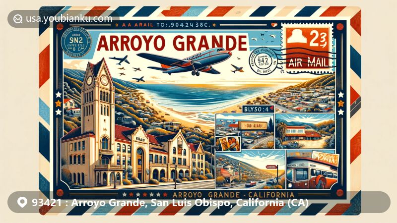 Vintage-style wide-format illustration of Arroyo Grande, San Luis Obispo County, California, featuring air mail envelope frame with Old City Hall, Pismo Beach, and Shell Beach, capturing town's history and coastal beauty.